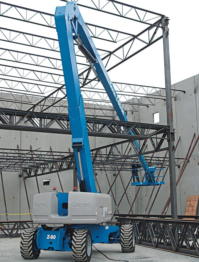“boom lift used for steel structure installation at construction site
